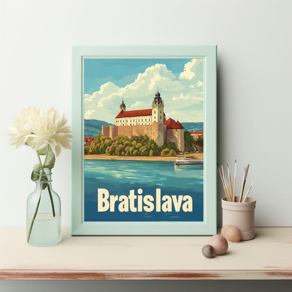 Explore The Charm Of Bratislava Vintage Travel Art Featuring Castle River And Scenic Hills