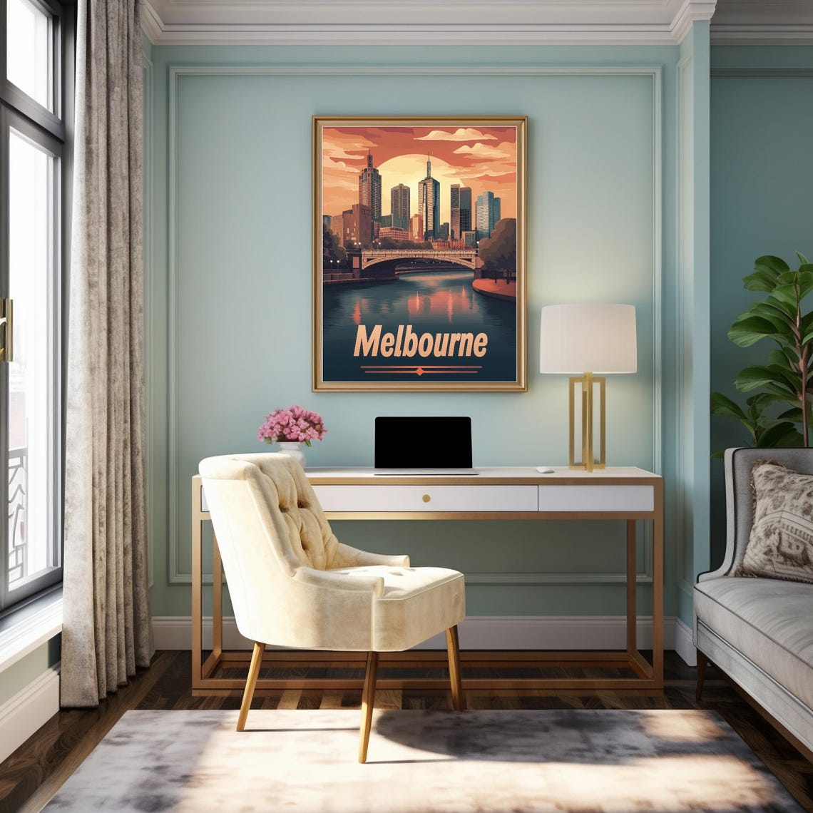 Melbourne Skyline Sunset Retro Travel Poster Art With River Reflection And Bold Vintage Typography - Image 2