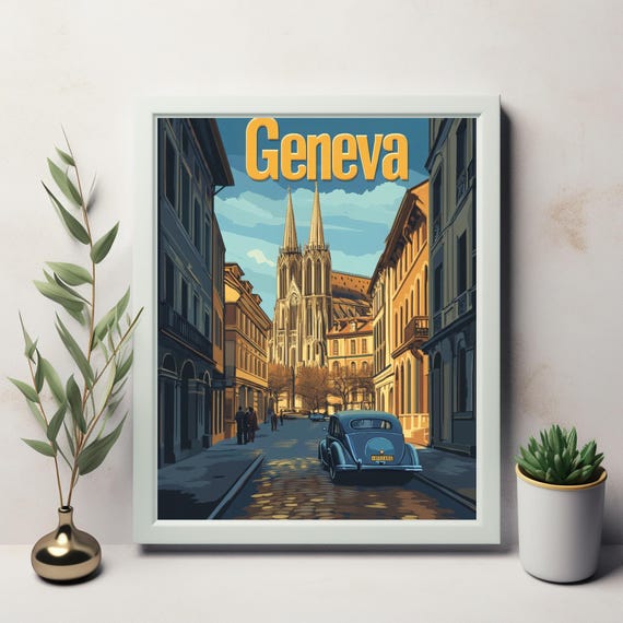 Vintage Travel Poster Of Geneva With Classic Car And Cathedral Serene Street Scene In Retro Style