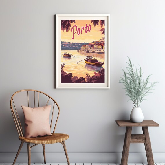 Serene Sunset In Porto A Colorful Art Illustration Of Portugals Riverside Charm And Traditional Boats