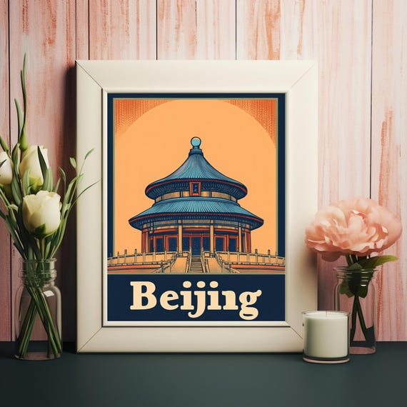 Vintage Travel Poster Of Temple Of Heaven In Beijing Stylized Art With Bold Colors And Elegant Design