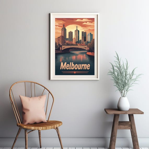 Melbourne Skyline Sunset Retro Travel Poster Art With River Reflection And Bold Vintage Typography