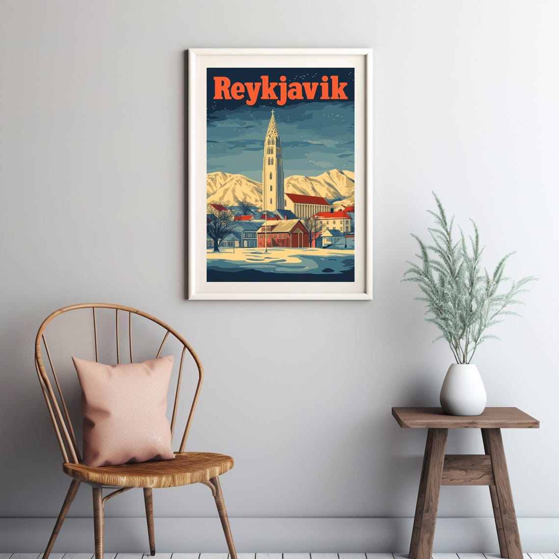 Reykjavik A Vintage Style Illustration Featuring Hallgrmskirkja Against Snowy Mountains Art Print - Image 2