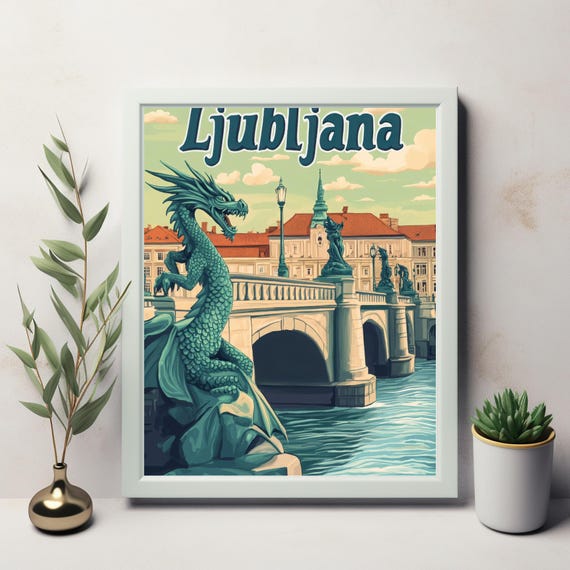 Stunning Ljubljana Dragon Statue And Bridge Illustration Vintage Travel Poster Art With Serene Turquoise Sky