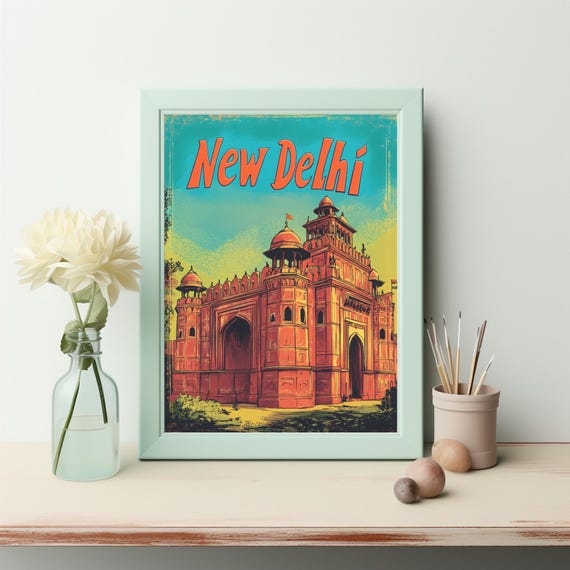 Vibrant Retro Travel Art Of New Delhis Iconic Architecture Wall Art