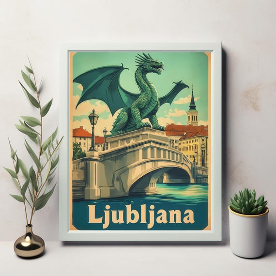 Vibrant Dragon Statue Of Ljubljana Iconic Zmajski Most Bridge In Art Instant Wall Art