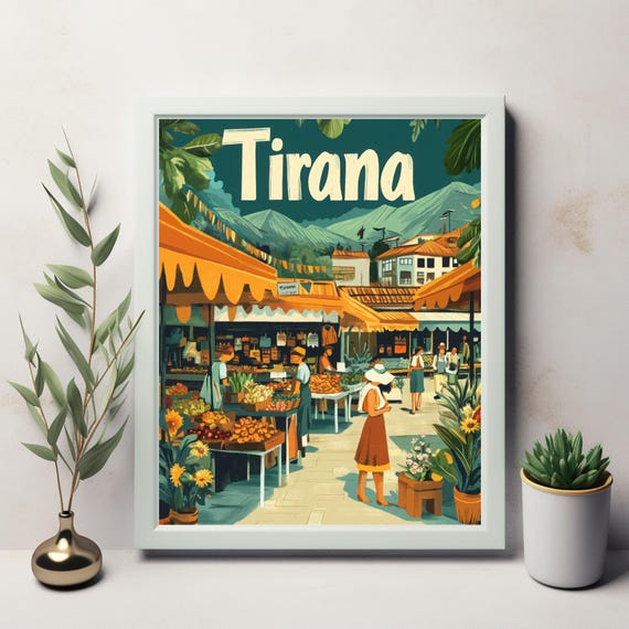 Vibrant Market Scene In Tirana Colorful Art Print Featuring Lively Stalls Flowers And Charming Architecture