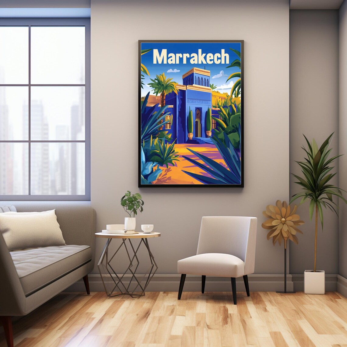Marrakech Scene With Blue Building, Art Print - Image 3