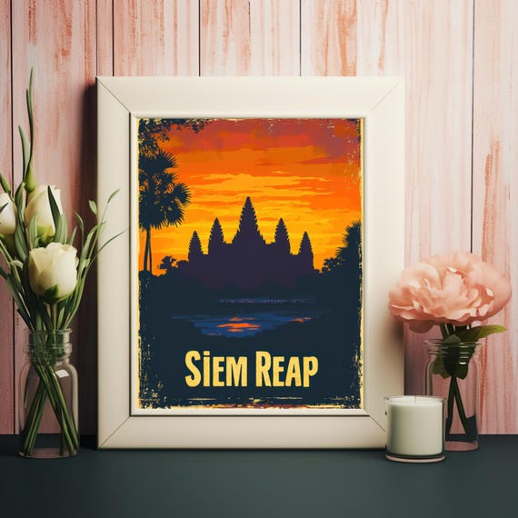 Siem Reap Sunset Temple A Vibrant Retro Art Print Of Cambodias Iconic Khmer Architecture
