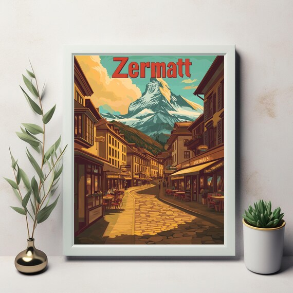 Vintage Zermatt Street Scene With Matterhorn Charming Cobblestone Pathways And Vibrant Sky Art Print