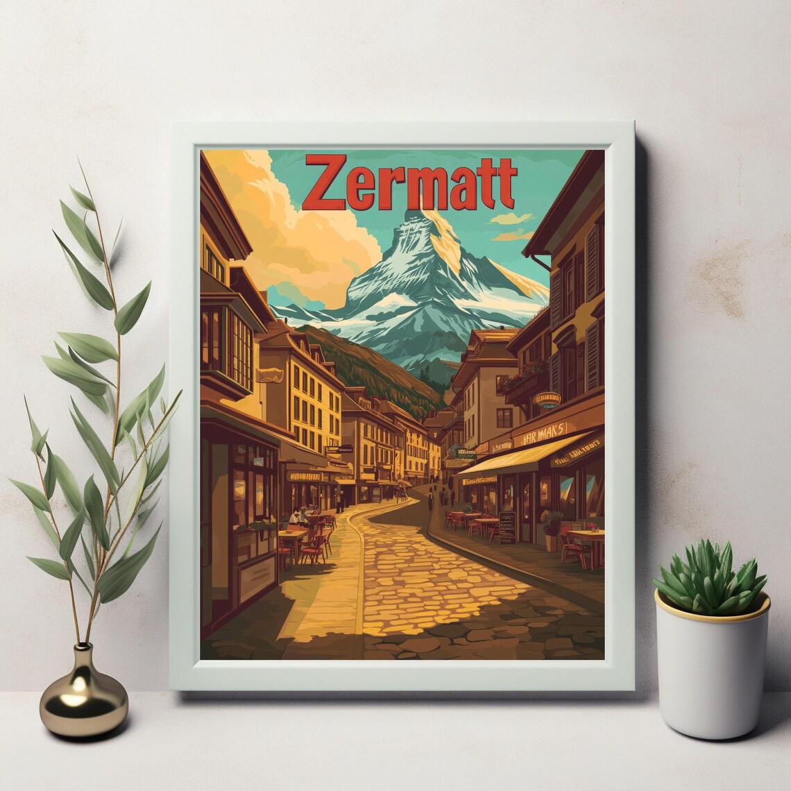 Vintage Zermatt Street Scene With Matterhorn Charming Cobblestone Pathways And Vibrant Sky Art Print