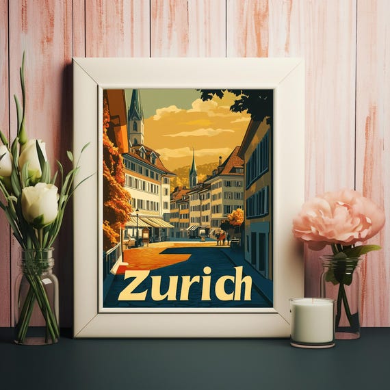 Charming Zurich Street Scene Vintage Travel Poster Style With Warm Tones And Quaint Architecture