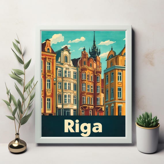 Vibrant Riga Street Scene Illustration Vintage Style Travel Poster With Charming Architecture And Cheerful Atmosphere