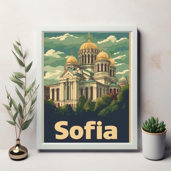 Sofia A Stunning Art Print Of A Majestic Cathedral With Golden Domes And Lush Greenery In A Vintage Style