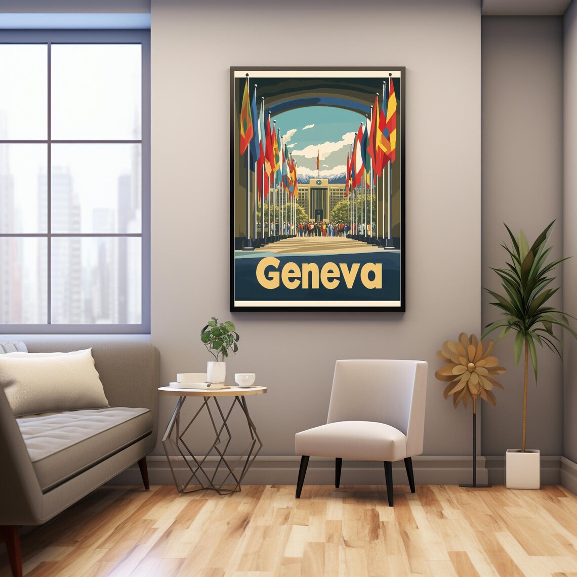 Vintage Geneva Travel Poster, Mountain Cityscape - Image 2