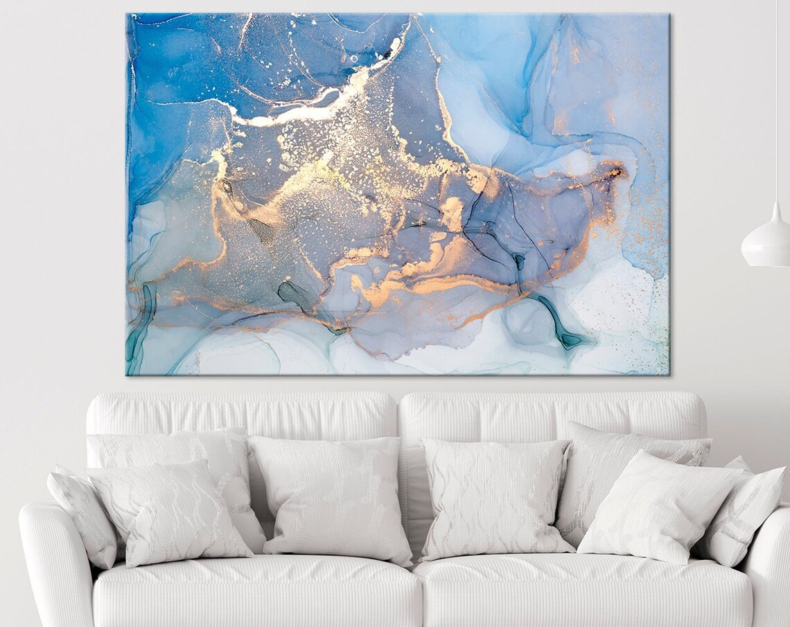 Blue Gold Abstract Ink Painting Shimmer Modern Luxury Decor Poster