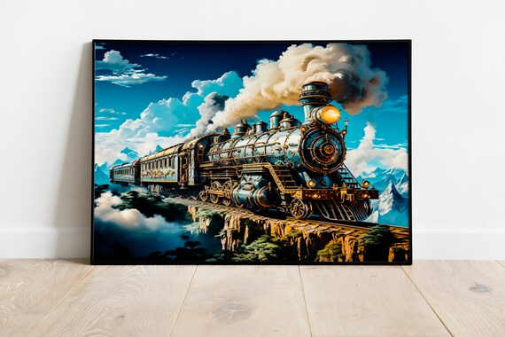 Steampunk Train Crossing Mountain Gorge Fantasy Locomotive Poster