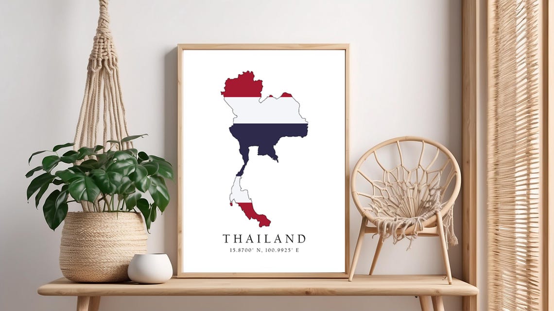 Thailand National Flag Silhouette Map with Coordinates Travel Poster