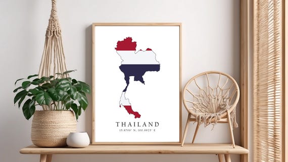 Thailand Map Print Flag Latitude Longitude Coordinates Poster Wall Art Home Dcor