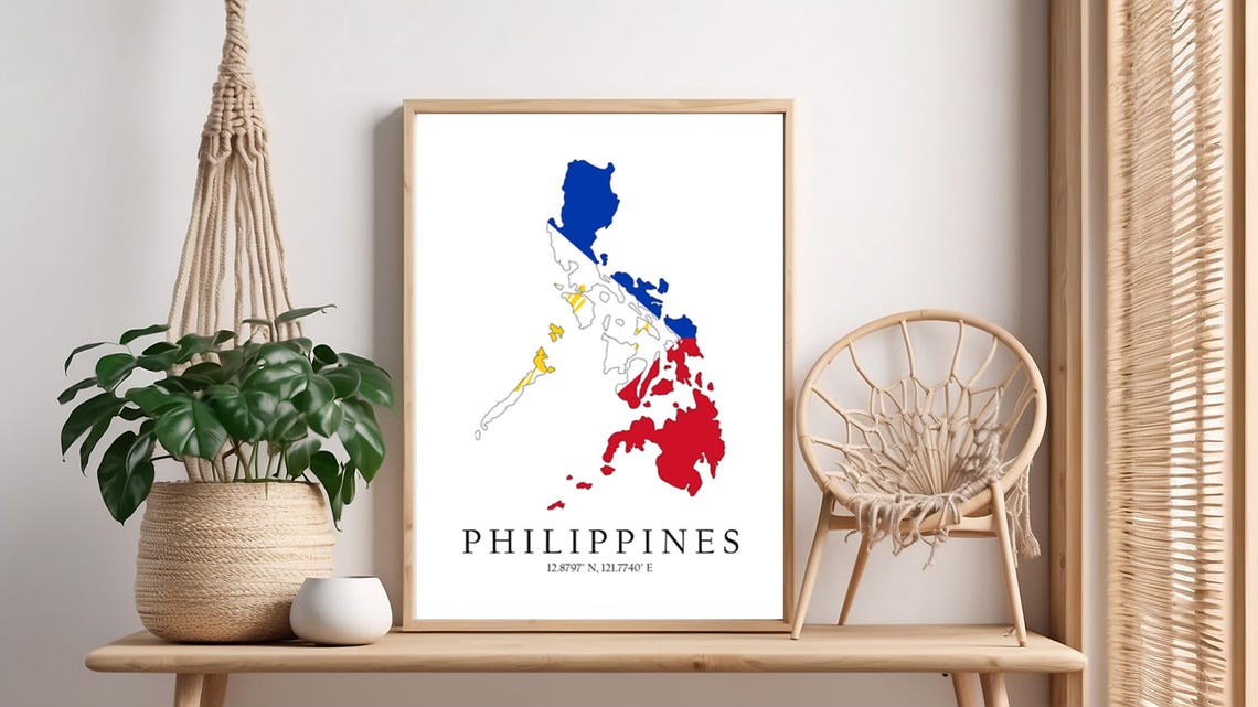 Philippines Map Print Flag Latitude Longitude Coordinates Poster Wall Art Home Dcor