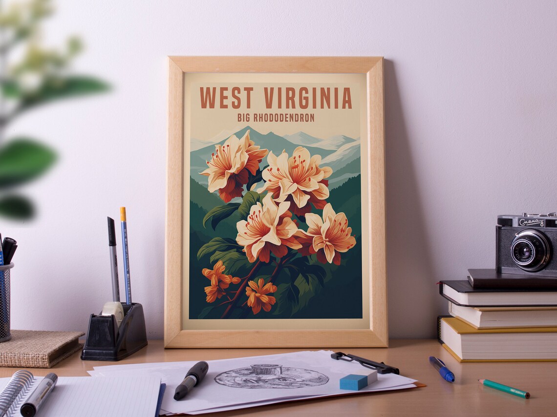 West Virginia Big Rhododendron Bloom Retro Botanical Art Poster