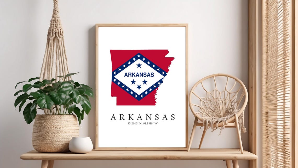 Arkansas Map Print Flag Latitude Longitude Coordinates Poster Wall Art Home Dcor