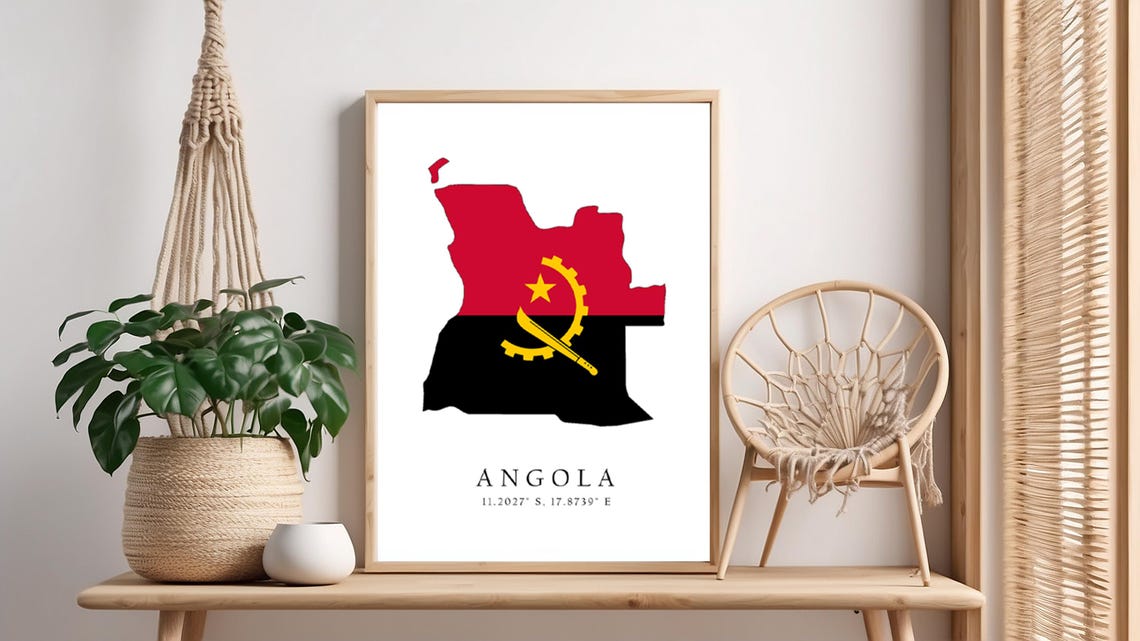 Angola Map Print Flag Latitude Longitude Coordinates Poster Wall Art Home Dcor