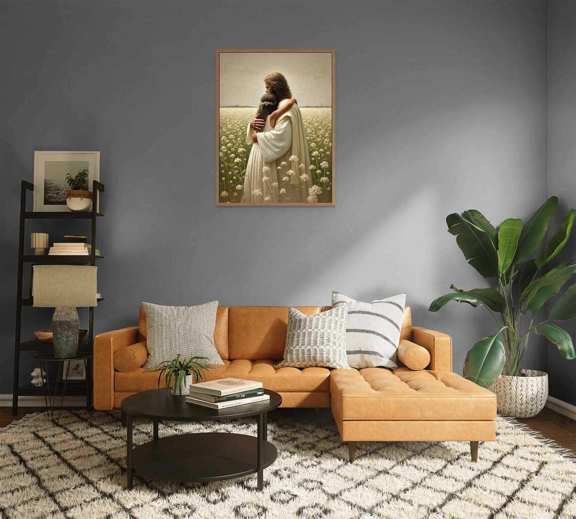Jesus Holding Girl With Flower Crown In Field Of White Blossoms Poster - Image 2
