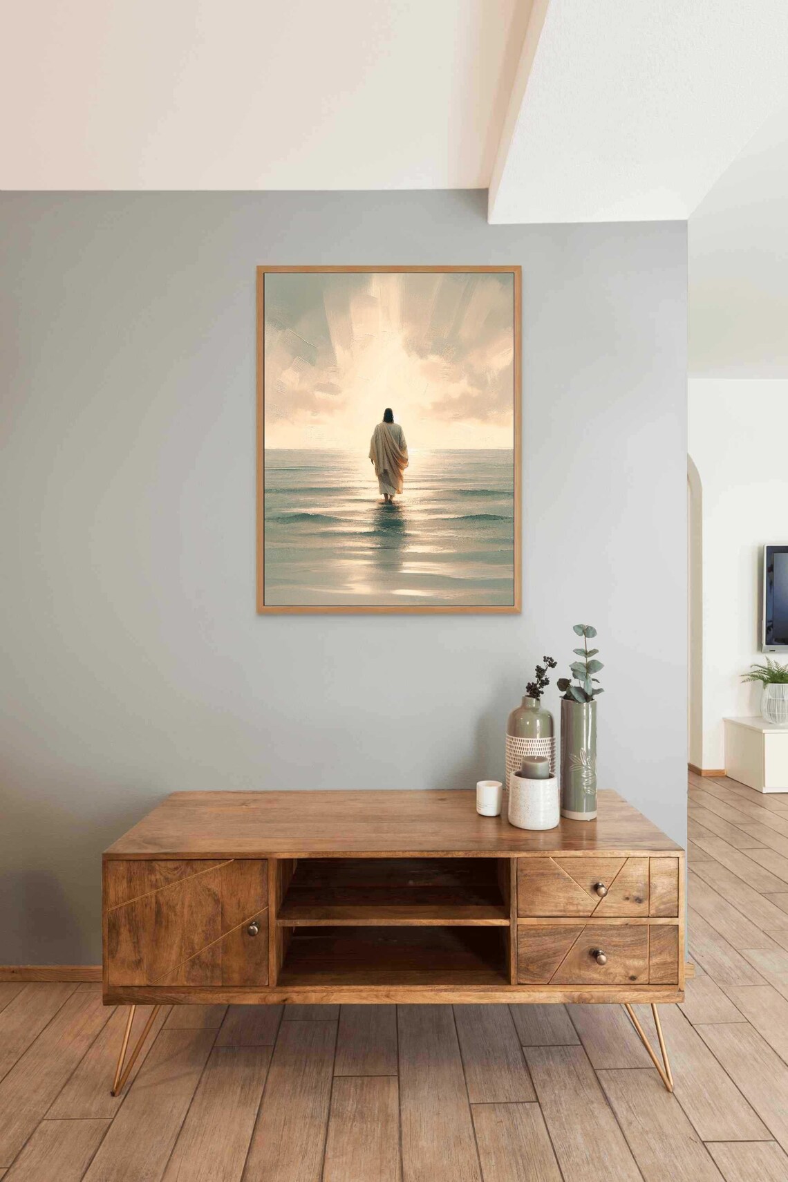Jesus Walking On Water Toward Sunrise Over Calm Sea Faith Art Poster - Image 3