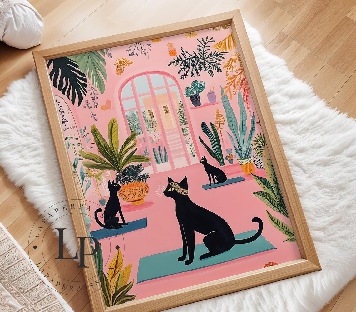 Black Cats Doing Yoga Pink Botanical Room Funny Yoga Cats Poster - Image 4