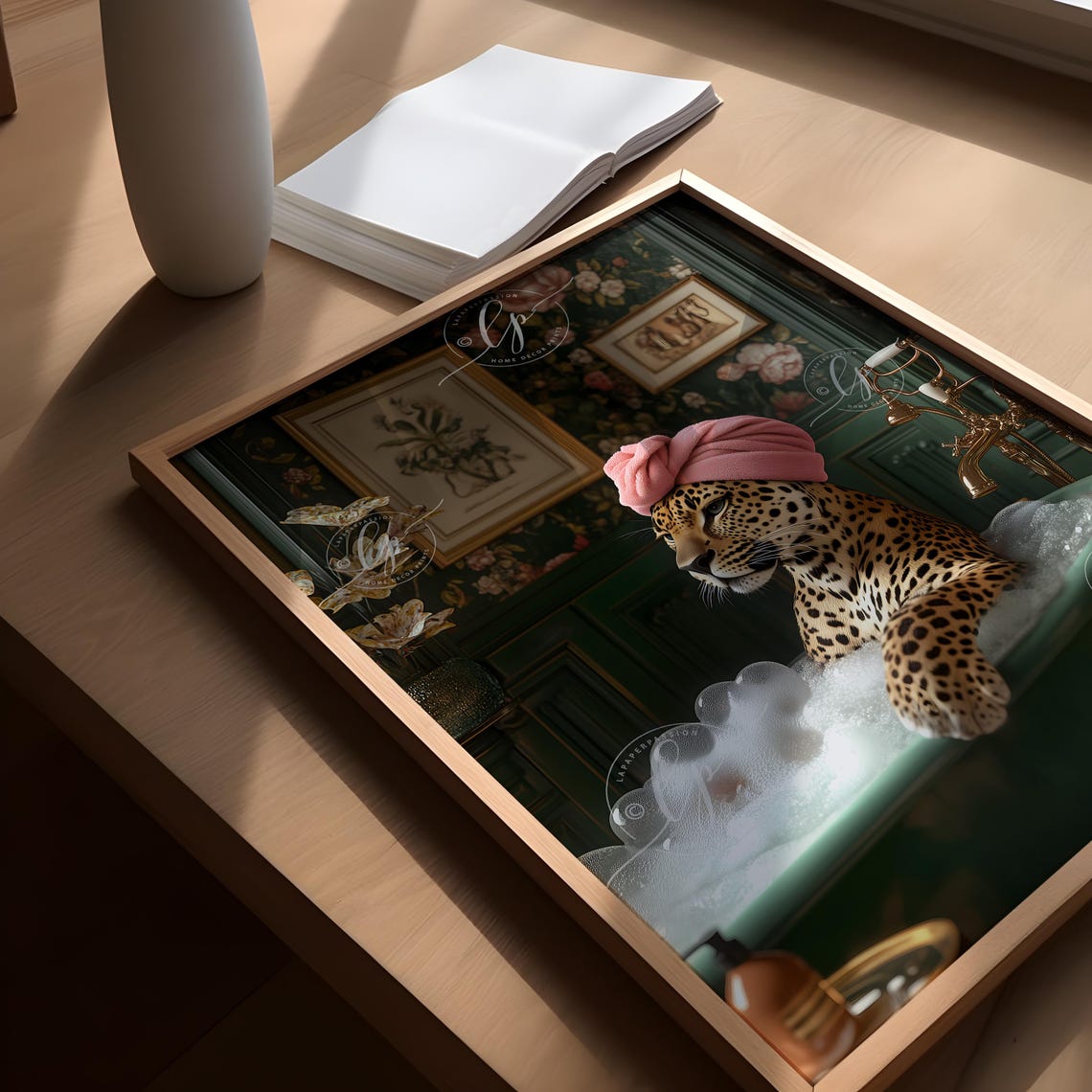 Maximalist Leopard Taking A Bath Art Print Bathroom Wall Art Bold Fun Animal Print Maximalist Bathroom Print - Image 2