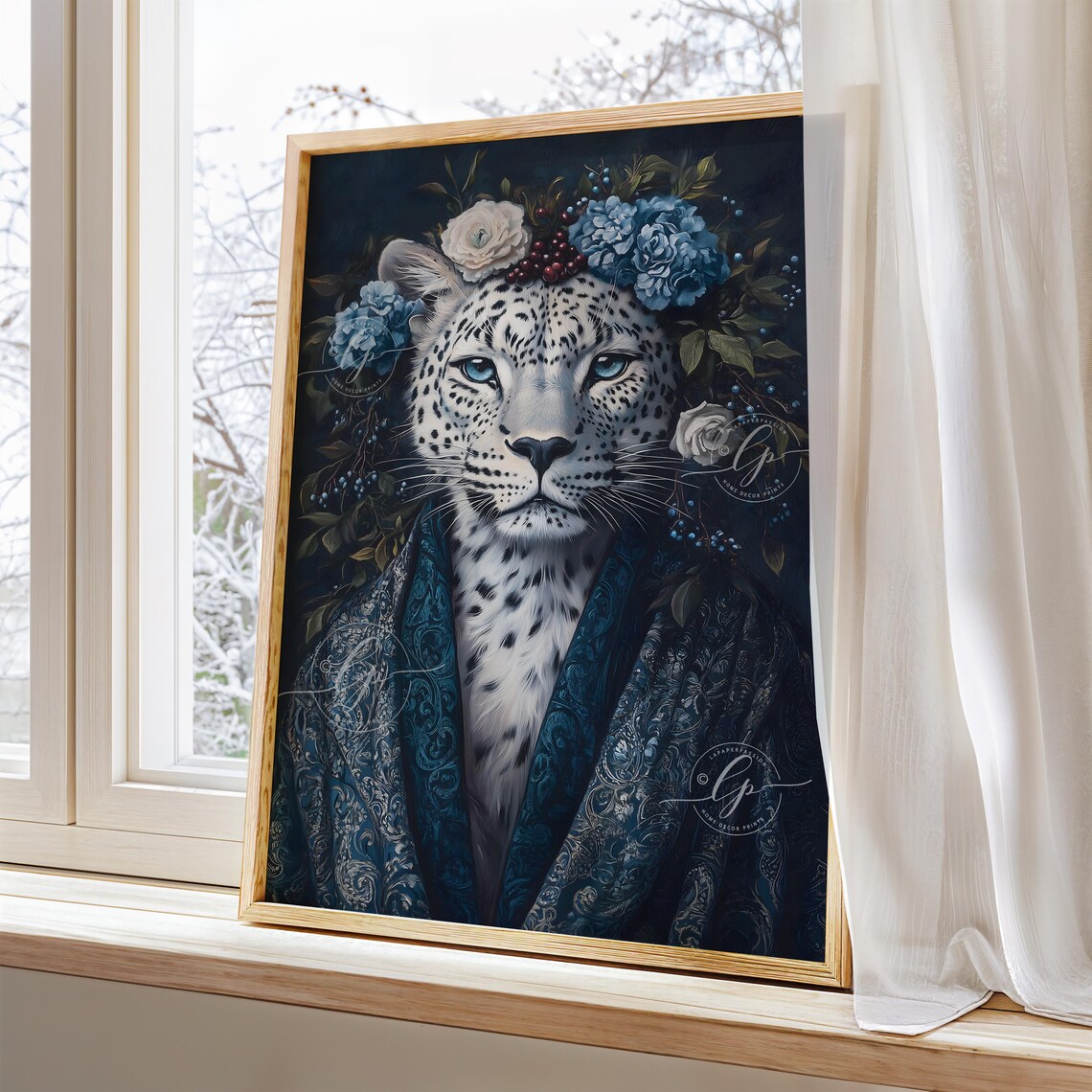 Snow Leopard Blue Floral Crown Midnight Cloak Elegant Portrait Print - Image 4