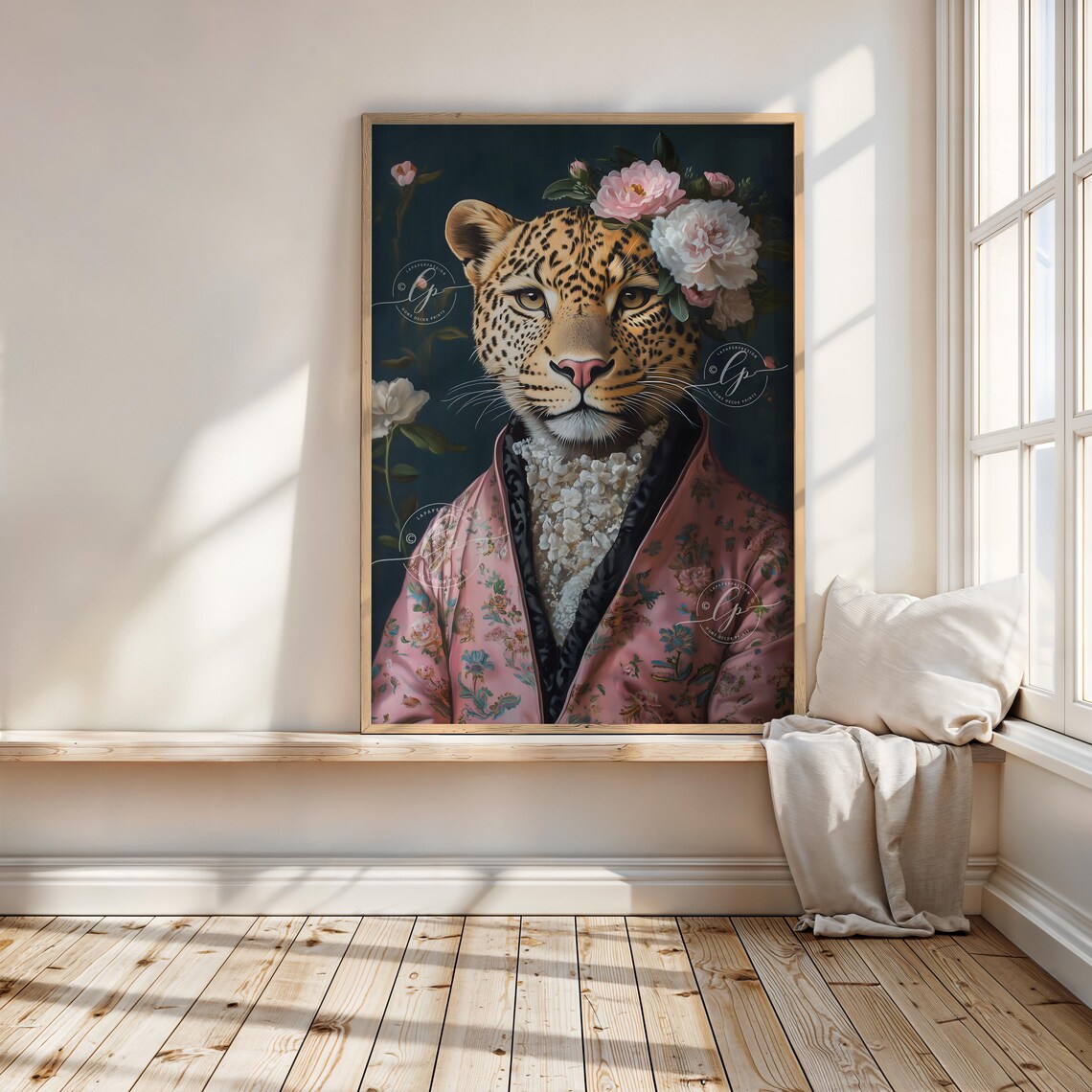 Leopard Portrait Pink Floral Robe Crown Dark Maximalist Poster - Image 5