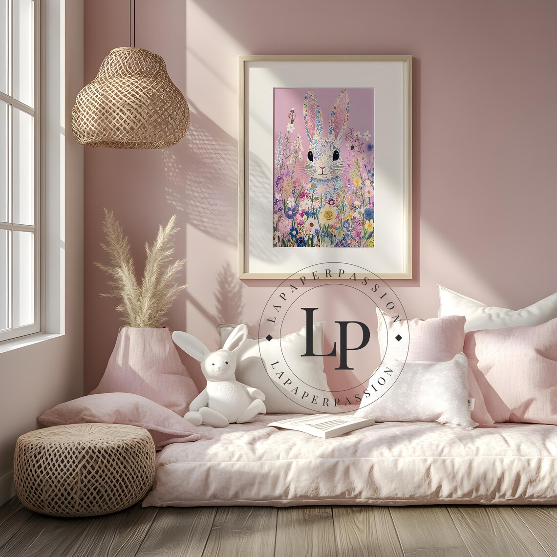 Floral Pattern Bunny Rabbit Wildflowers Pink Bloomcore Poster - Image 5