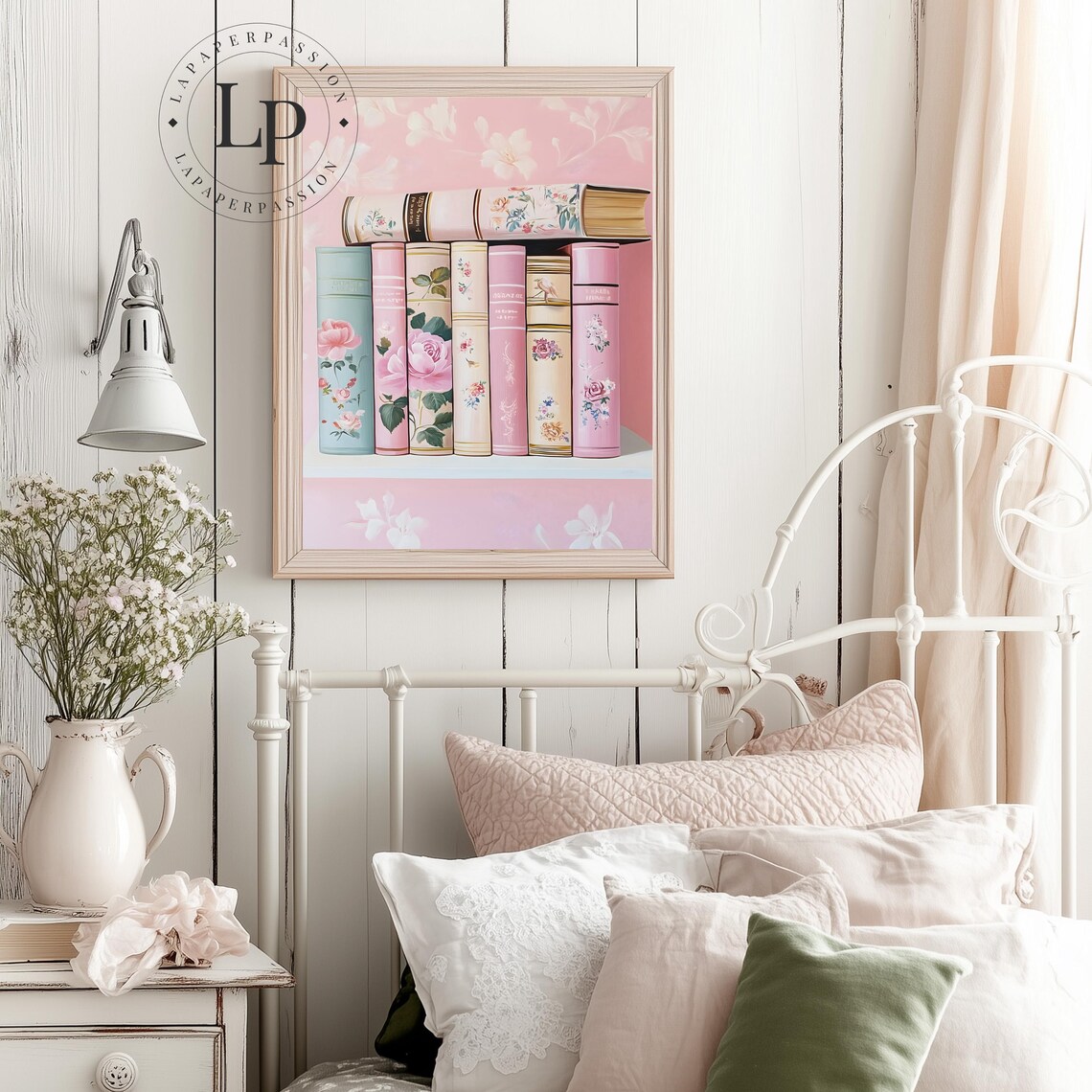 Pink Romantic Floral Book Stack with Rose Covered Spines Poster - Image 2