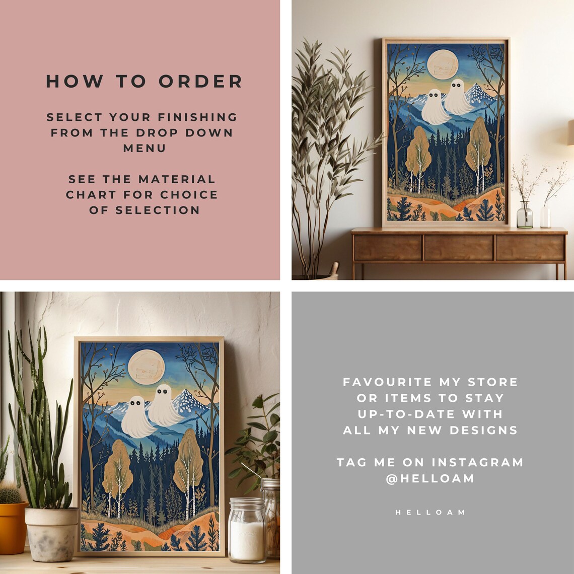 Two Cute Ghosts Floating Over Moonlit Mountains Forest Halloween Poster - Image 3