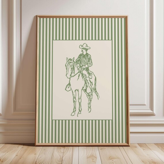 Cowboy Sketch Sage Print Trendy Striped Grandmillennial Wall Art Nursery Western Vintage Horse