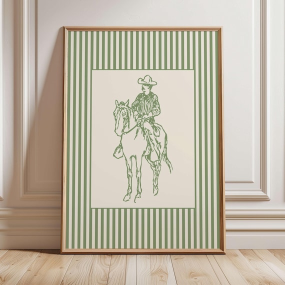 Sage Striped Vintage Cowboy On Horse Sketch Grandmillennial Poster