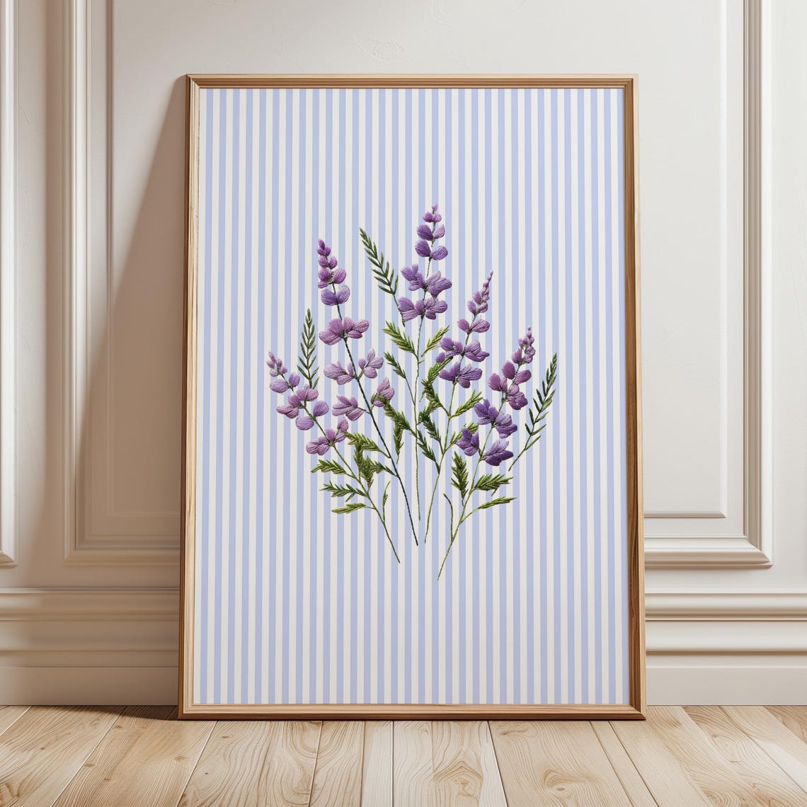 Purple Embroidered Flowers on Blue Striped Botanical Art Wall Poster