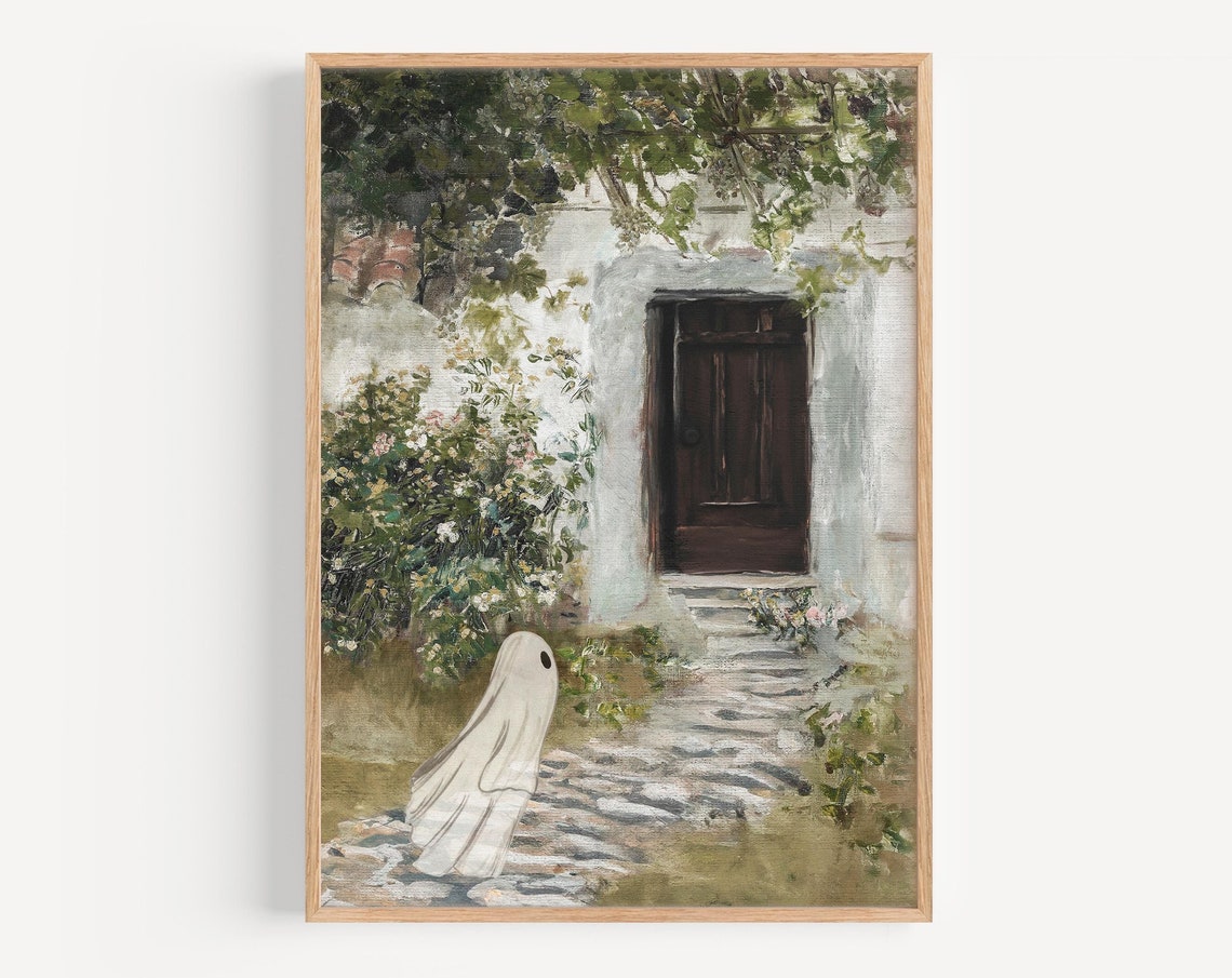 Farmhouse Halloween Decor Ghosts In Painting Print Vintage Landscape Poster Trendy