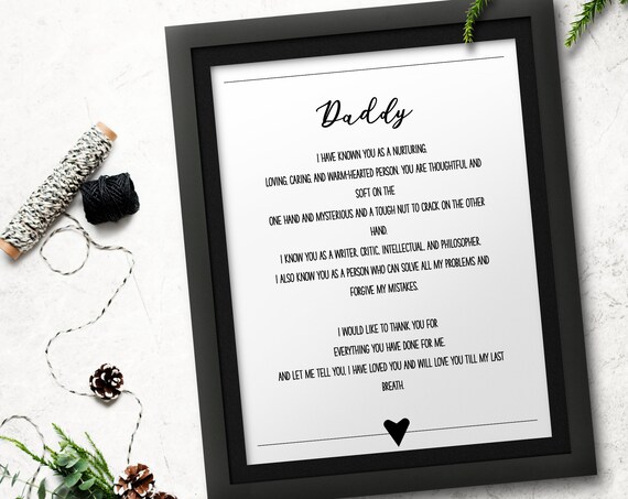 Heartfelt Daddy Poem Letter for Fathers Day in Classic Black Frame Poster