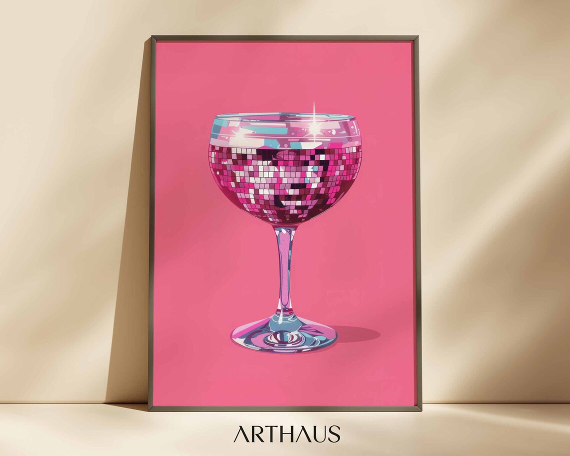 Pink Disco Ball Champagne Glass Maximalist Bar Cart Art Print