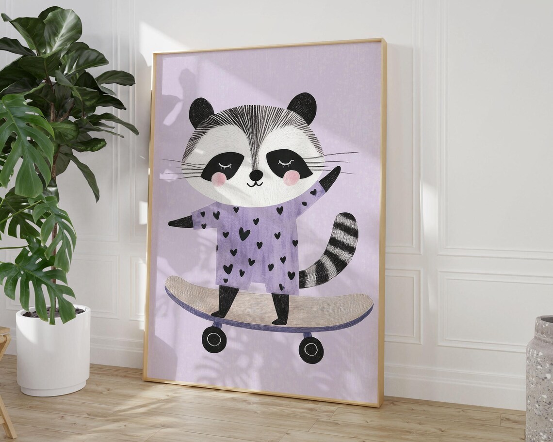 Cute Raccoon Riding Skateboard Purple Heart Dress Nursery Wall Art - Image 2