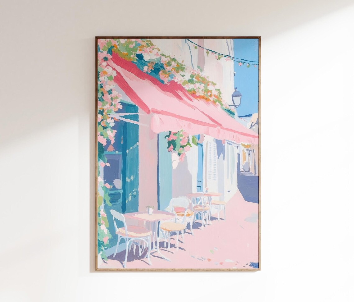 Pink Awning Street Cafe Pastel Sidewalk Bistro Scene Art Poster