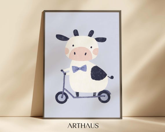 Nursery Animal Wall Art Kids Room Decor Cute Cow Boho Toddler Kids Room Decor Funny Animal Print Playful Childrens Decor