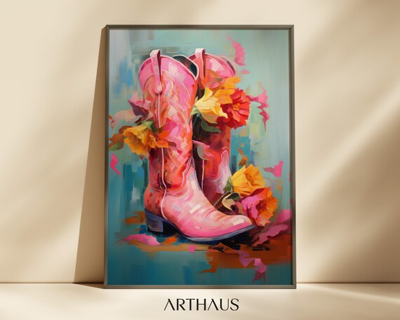 Pink Cowgirl Boots Floral Retro Western Nursery Decor Art Poster