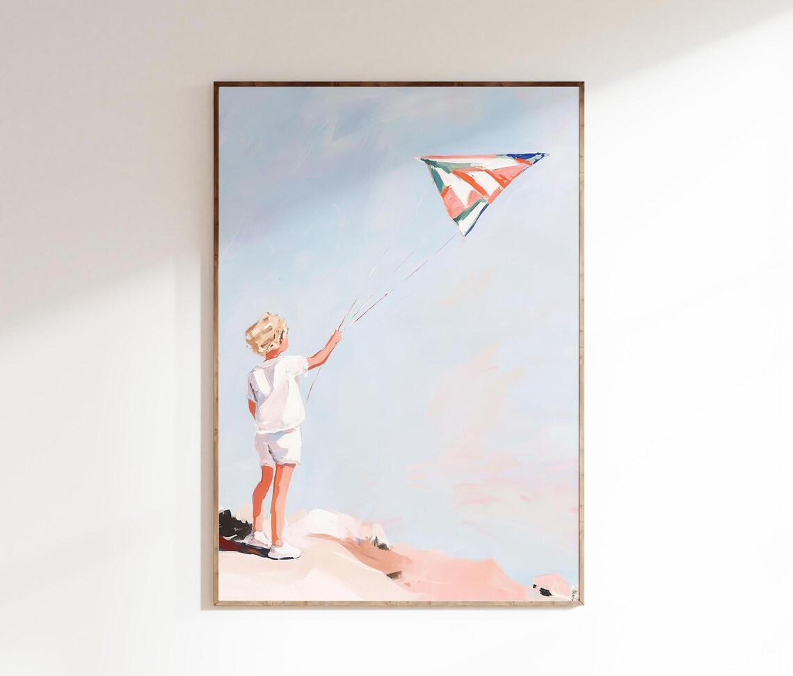 Boy Flying Colorful Kite Pink Beach Childhood Nostalgia Art Poster