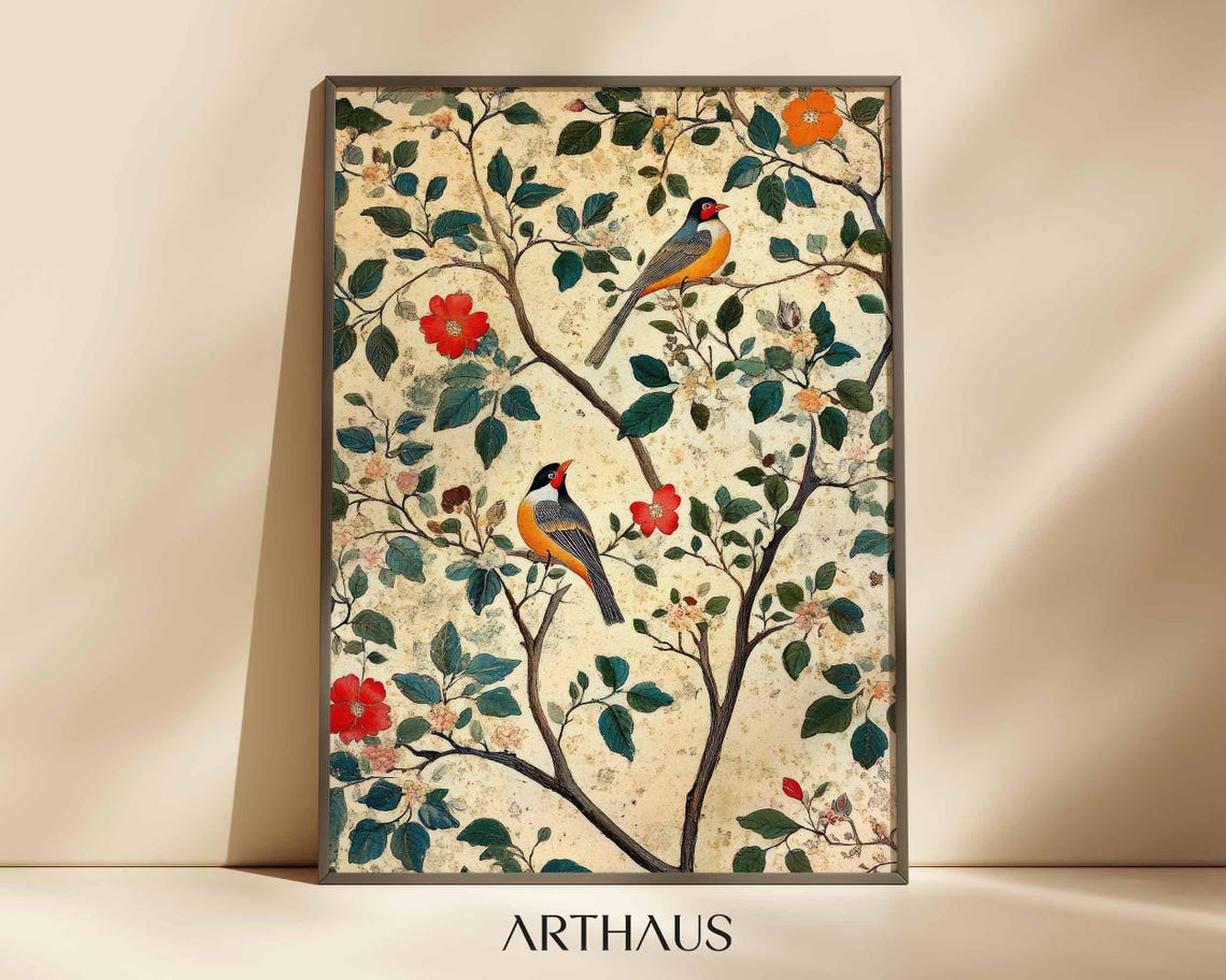 Traditional Indian Folk Wall Art Floral Landscape Painting Living Room Decor Antique Indian Art Botanical Indian Painting Poster