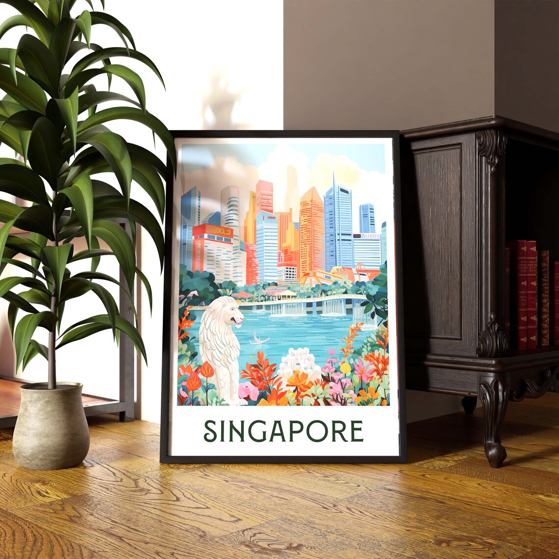 Singapore Merlion Harbor Skyline City Waterfront Travel Poster - Image 3