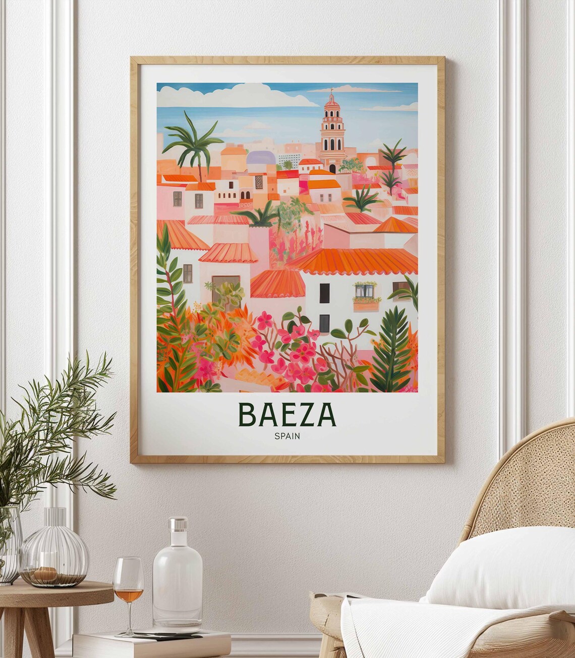 Baeza Spain Pink Old Town Bell Tower Terracotta Roofs Travel Poster